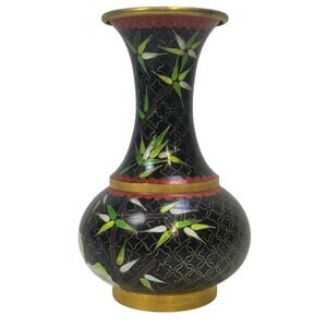 Chinese Mid 20th Century Cloisonne Enamel Vase Vibrant Floral Bamboo Accents